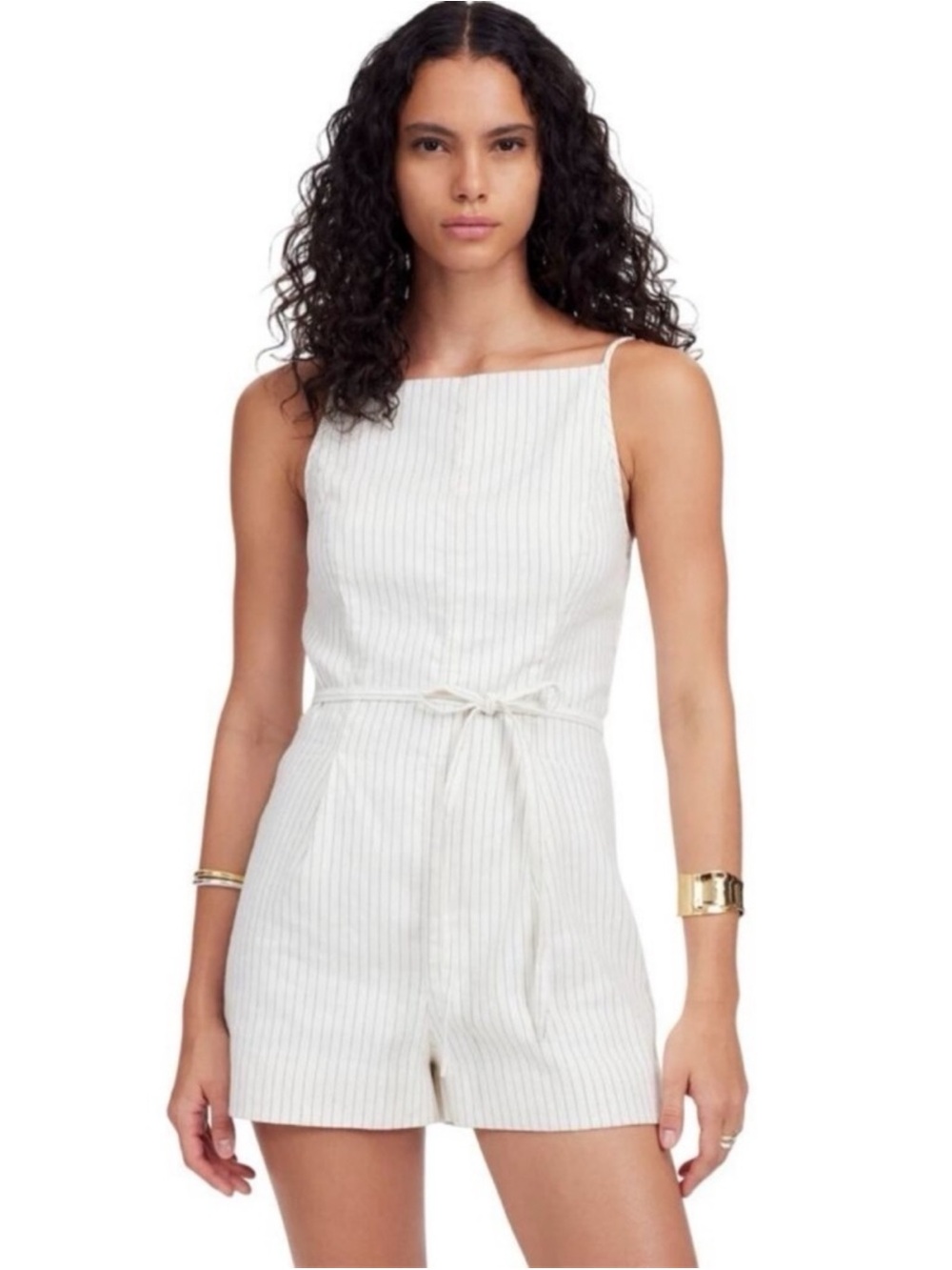 Madewell Sleeveless Square Neck‎ Pleated Romper Ivory Black Pinstripe 14 NWOT